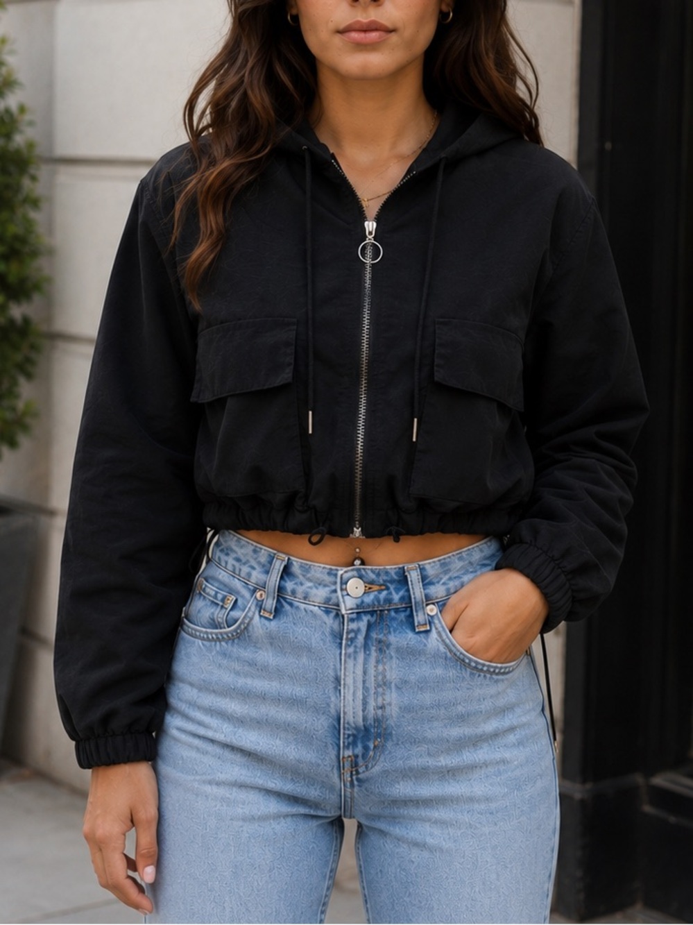 Love Tree Black Hooded Nylon Zip-Up Cropped Jacket